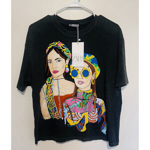 NWT ZARA Graphic Print T-Shirt Womens Small Gray Fashion Girls Illustration Tee
